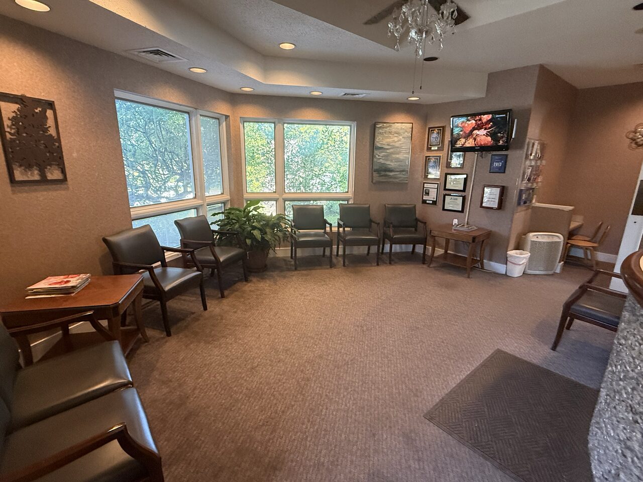 The Family Dentists waiting room in Port Huron: cushioned armchairs beneath tall windows, framed art, and a wall-mounted TV